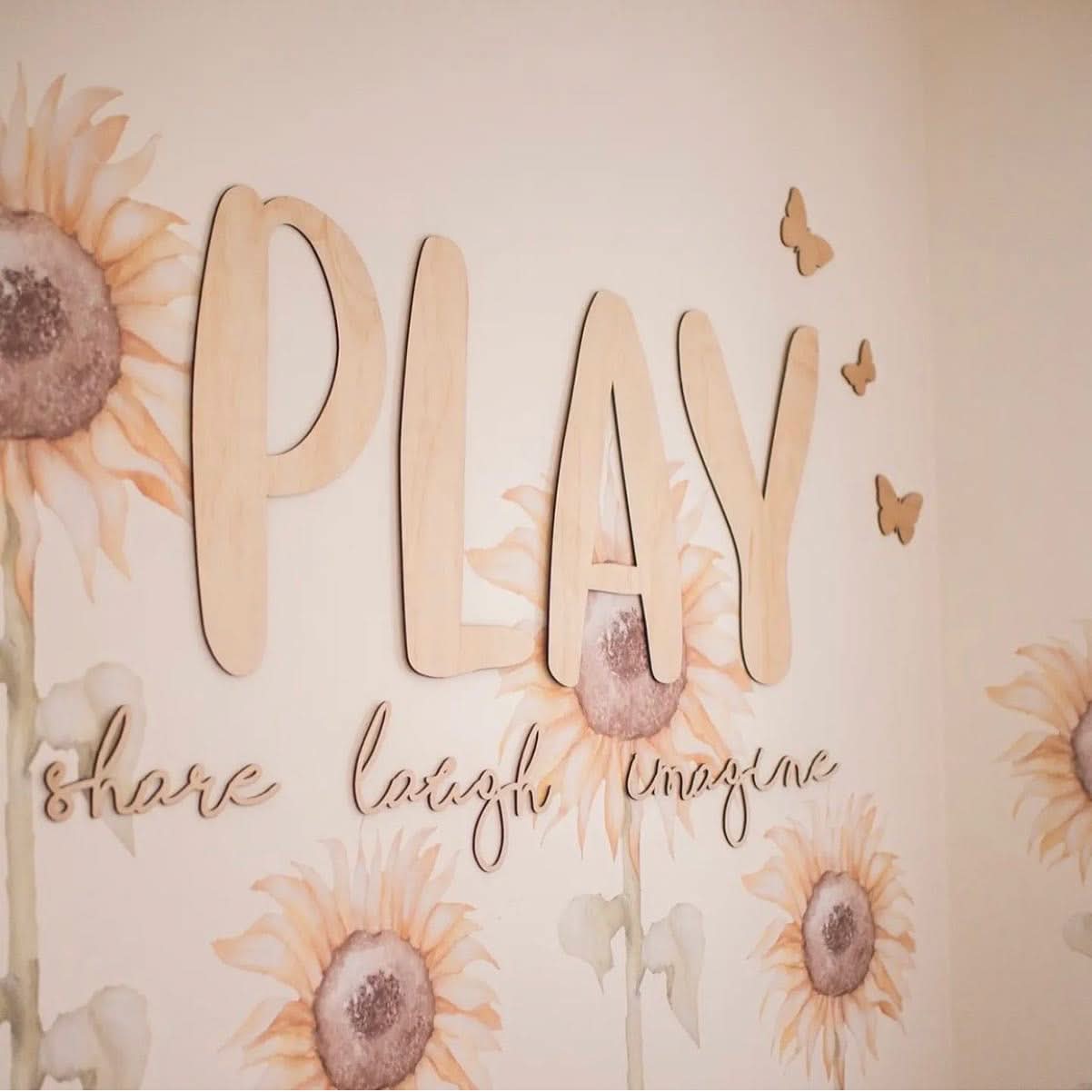 PLAY share imagine laugh Sign Plaque - Natural Wood