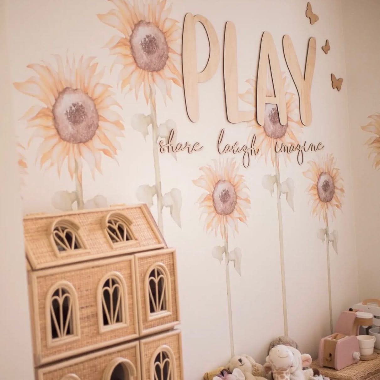 PLAY share imagine laugh Sign Plaque - Natural Wood