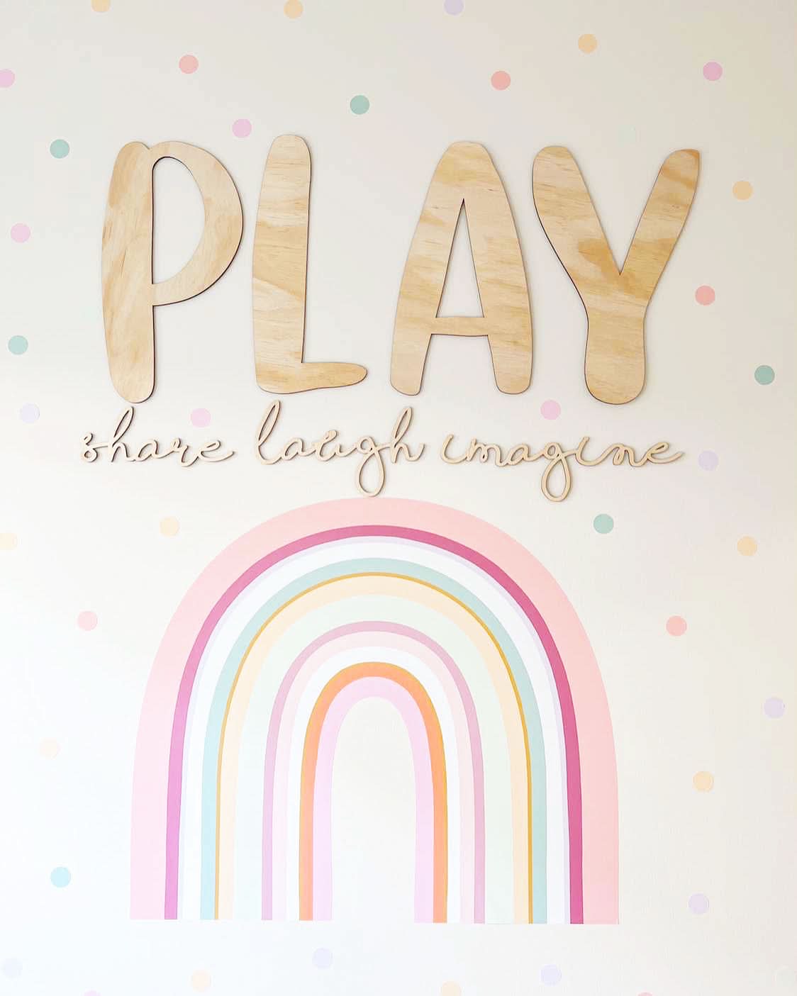 PLAY share imagine laugh Sign Plaque - Natural Wood
