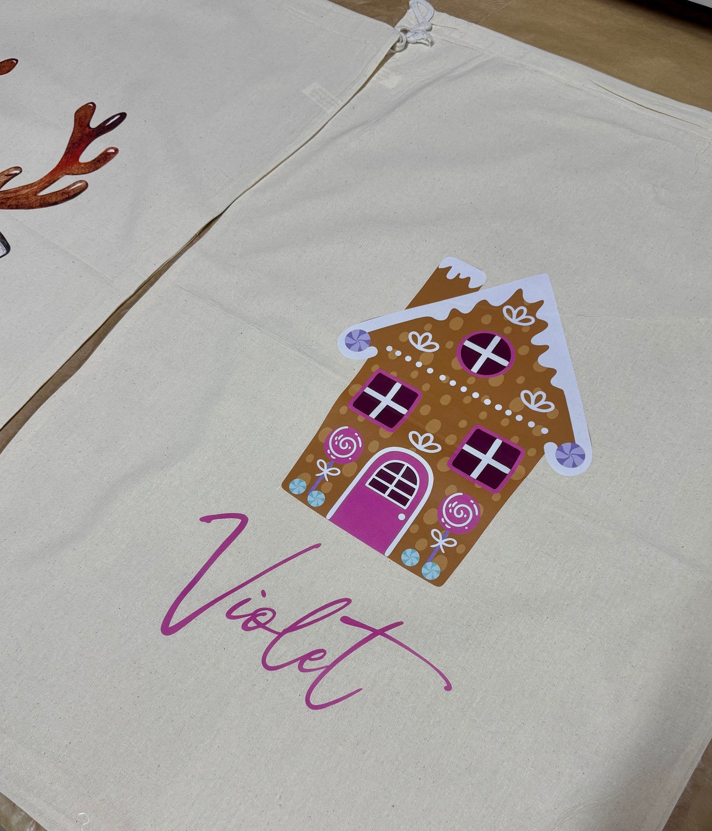 Personalised Linen Santa Sack - Gingerbread Christmas House
