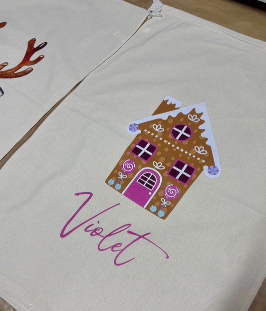 Personalised Linen Santa Sack - Gingerbread Christmas House
