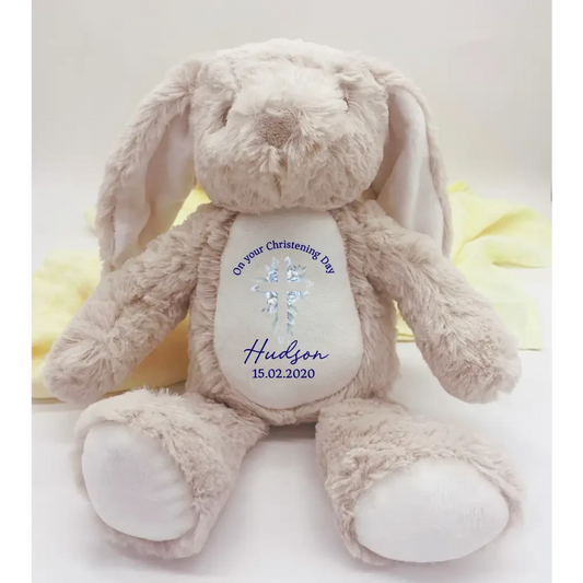 Bunny Plush - Blue Floral Cross Baptism - Timber Tinkers