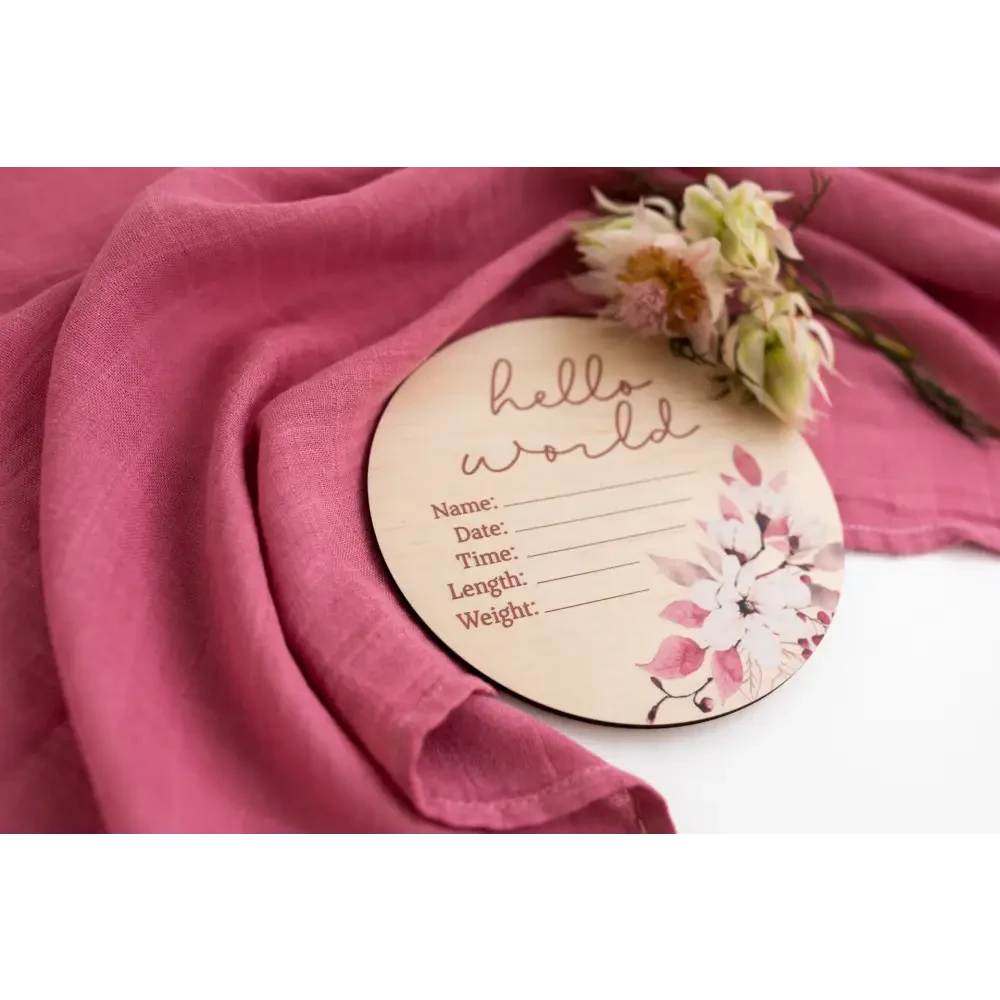 Hello World Floral Wooden Birth Disc - Timber Tinkers