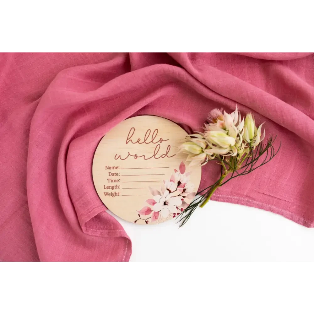 Hello World Floral Wooden Birth Disc - Timber Tinkers