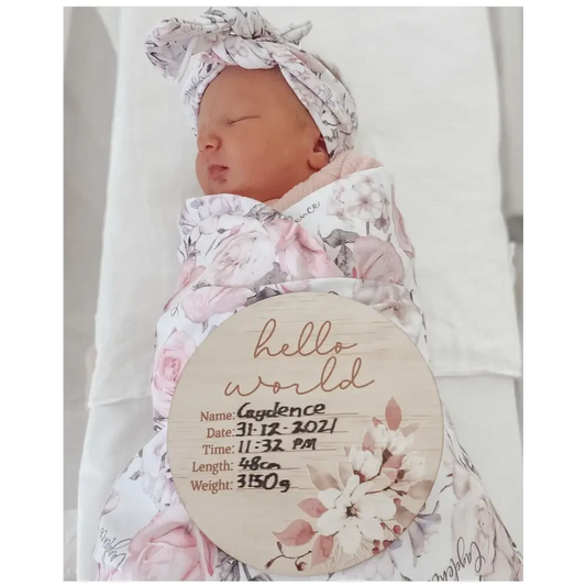 Hello World Floral Wooden Birth Disc - Timber Tinkers