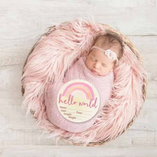 Hello World Pink Rainbow Wooden Birth Disc - Timber Tinkers