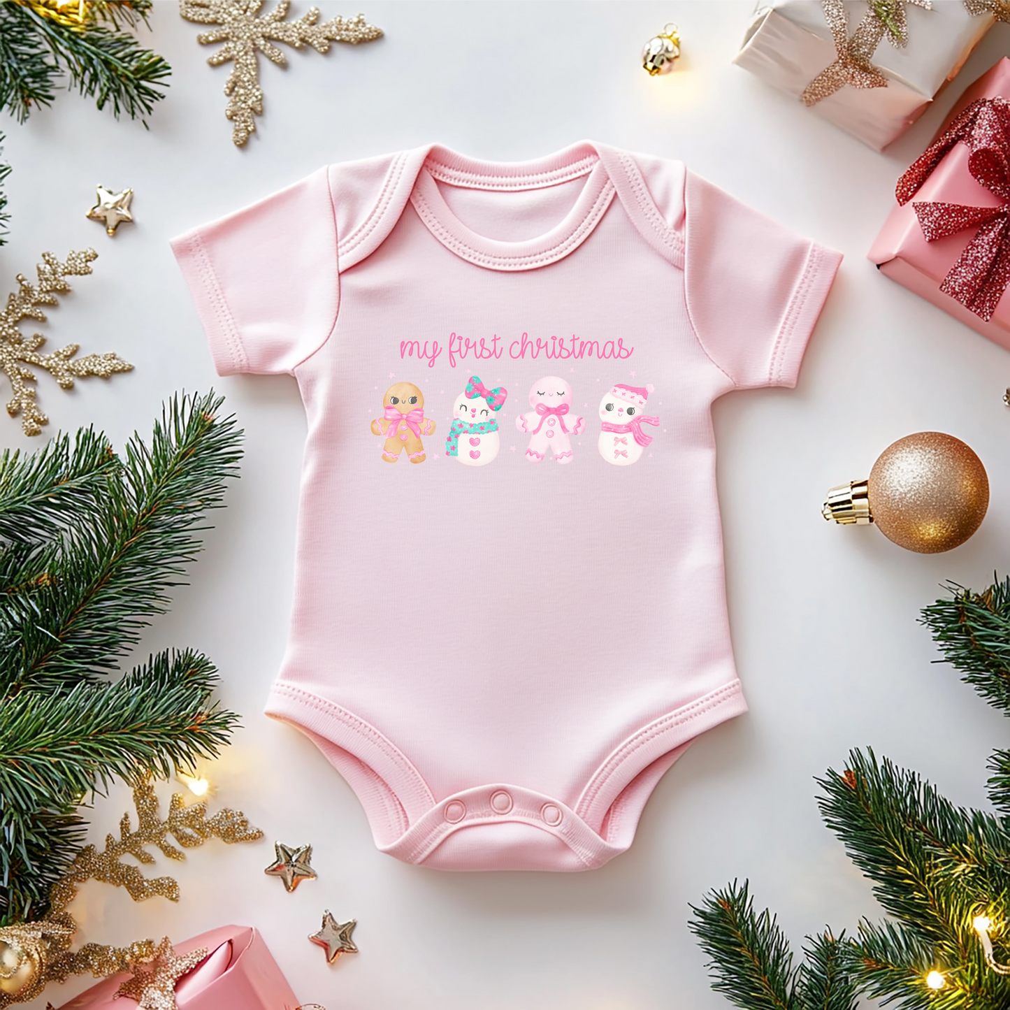 My First Christmas Gingerbread Pink Onesie