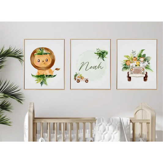 Personalised Baby Jungle Animals Wooden Canvas Print Set - Timber Tinkers