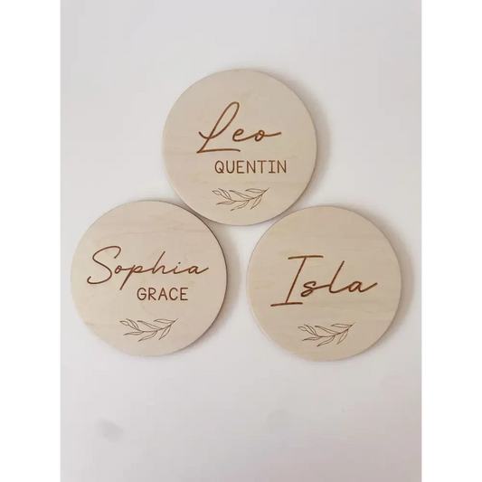 Personalised Baby Name Wood Disc - Leaf - Timber Tinkers