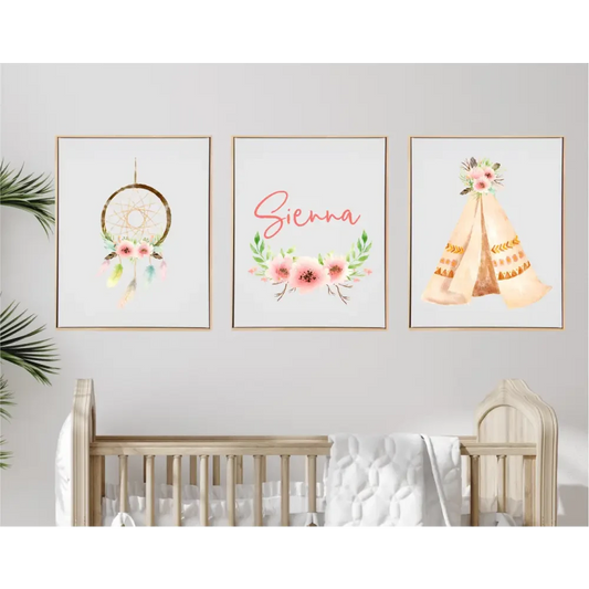 Personalised Boho Tribal Wooden Canvas Print Set - Timber Tinkers