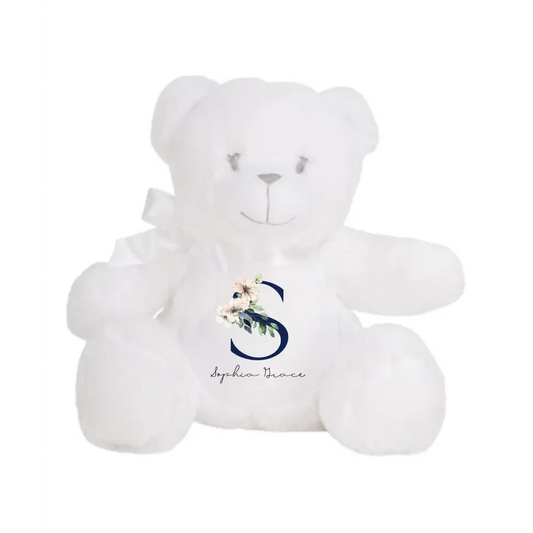 White Teddy Plush - Blue Floral - Timber Tinkers