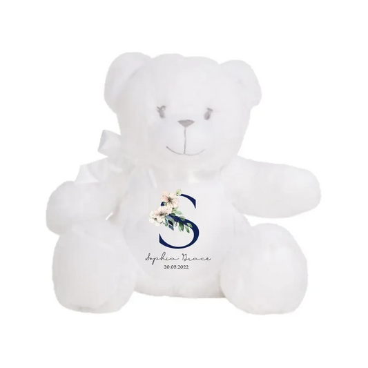 White Teddy Plush - Blue Floral - Timber Tinkers