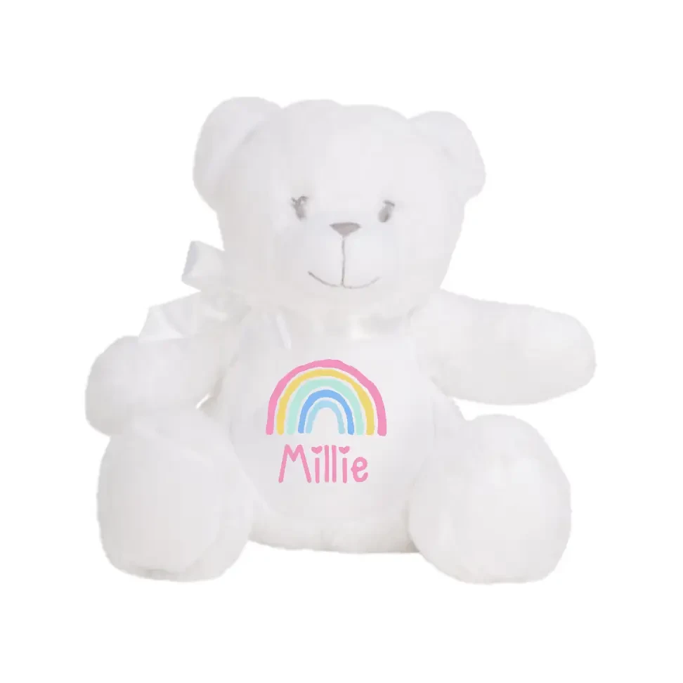 White Teddy Plush - Pastel Rainbow - Timber Tinkers