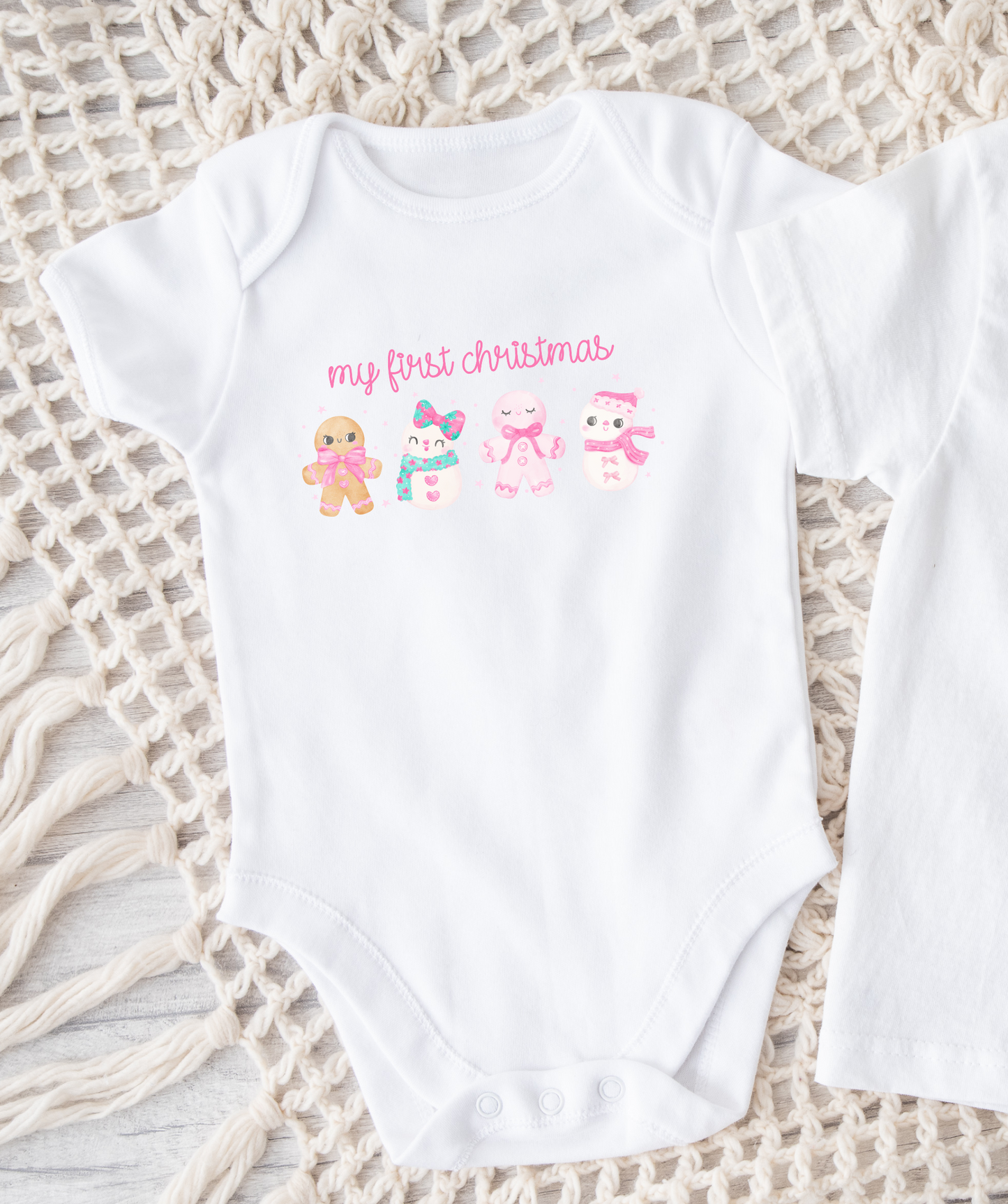 My First Christmas Pink Gingerbread WHITE ONESIE Various Sizes