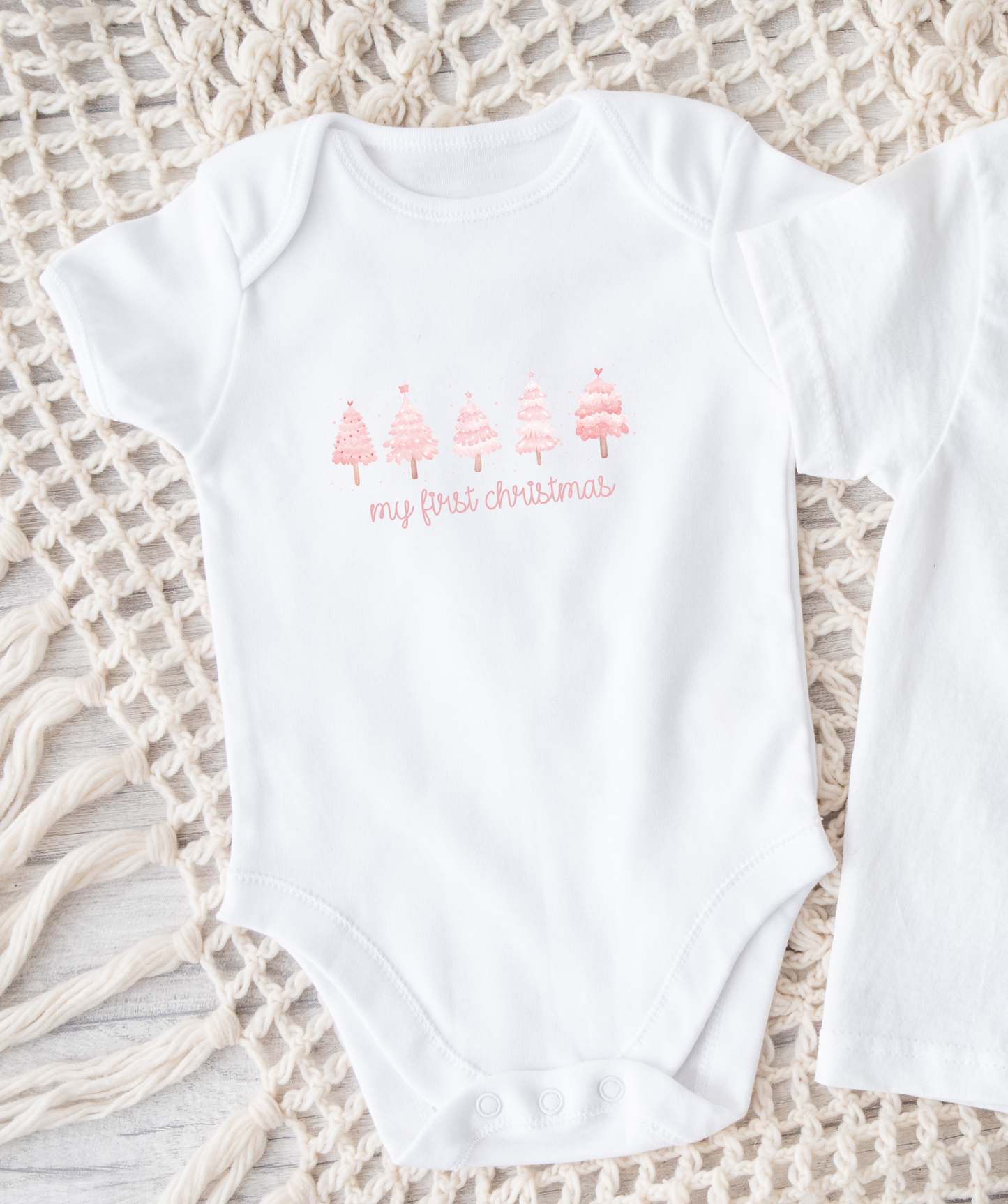 My First Christmas Pink Tree WHITE ONESIE Various Sizes