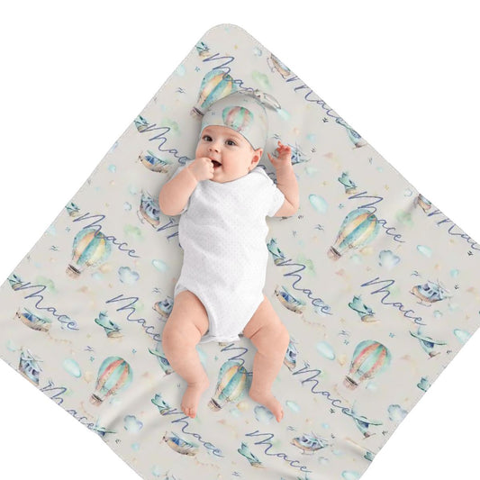 Personalised Baby Swaddle & Beanie Set - Flight