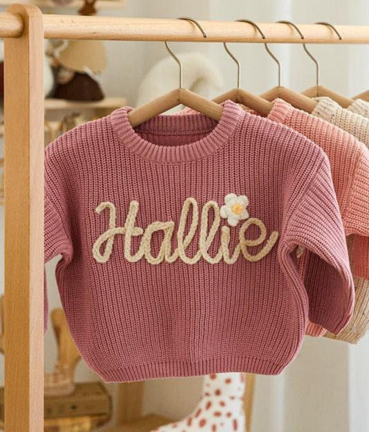 Personalised Embroided Cotton Baby Sweater - Pink Daisy