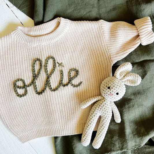 Personalised Embroided Cotton Baby Sweater - Cream