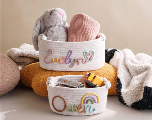 Personalised Hand Embroidered Baby Name Basket