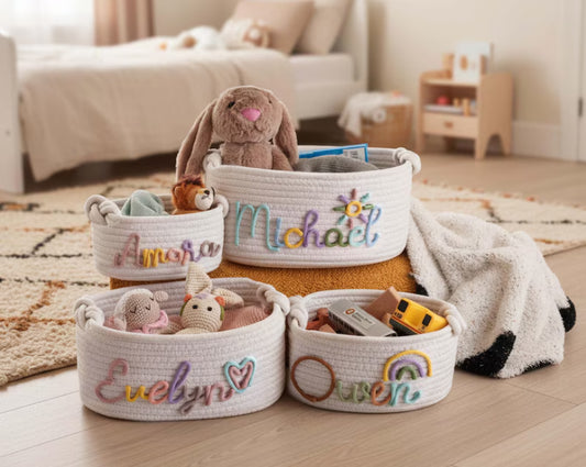 Personalised Hand Embroidered Baby Name Basket
