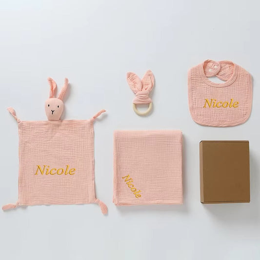 4-Piece Personalised Newborn Gift Set – Muslin Cotton Essentials