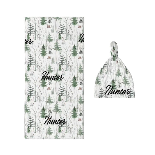 Personalised Baby Swaddle & Beanie Set - Forest