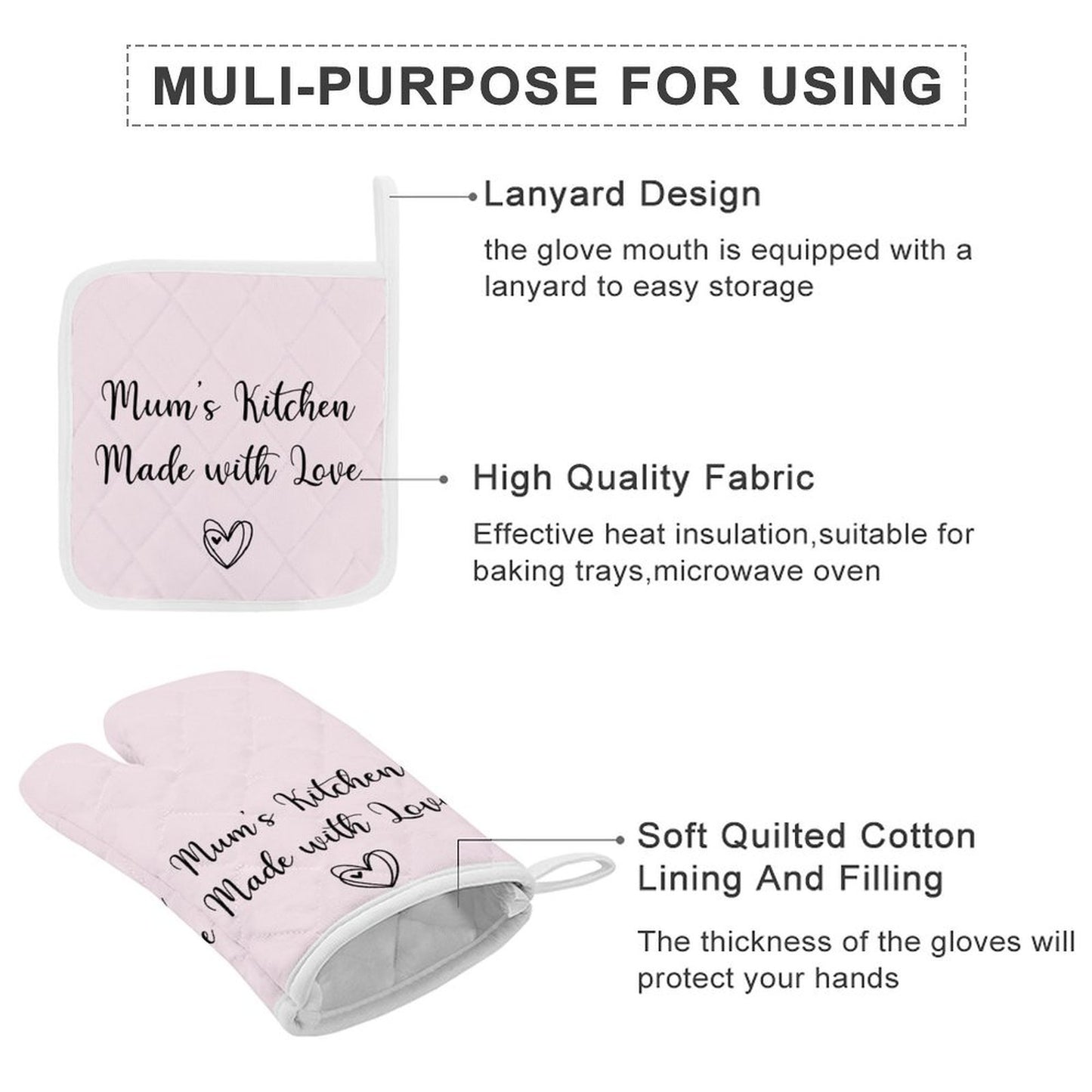 Oven Mitt & Pot Holder Set - Pink Heart