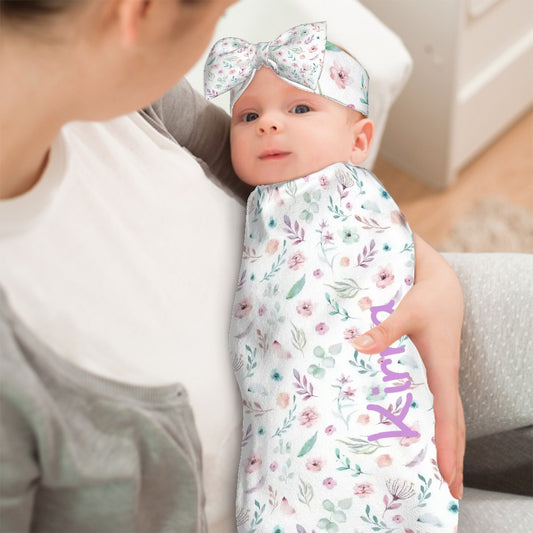 Personalised Baby Swaddle & Headband Set - Floral