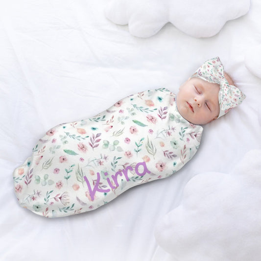 Personalised Baby Swaddle & Headband Set - Floral