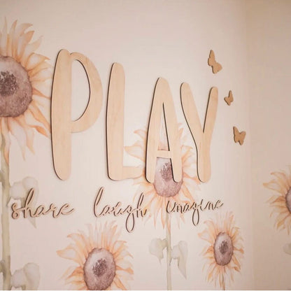 PLAY share imagine laugh Sign Plaque - Natural Wood