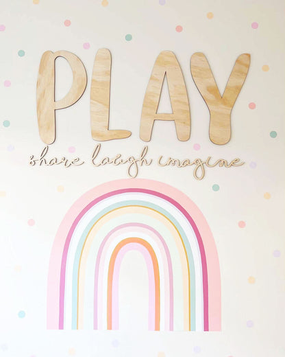 PLAY share imagine laugh Sign Plaque - Natural Wood