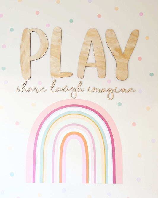 PLAY share imagine laugh Sign Plaque - Natural Wood