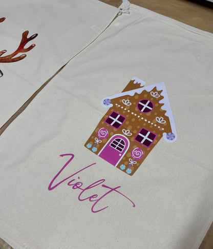 Personalised Linen Santa Sack - Gingerbread Christmas House
