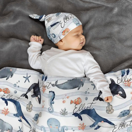 Personalised Baby Swaddle & Beanie Set - Ocean