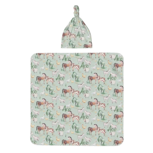 Personalised Baby Swaddle & Beanie Set - Farm