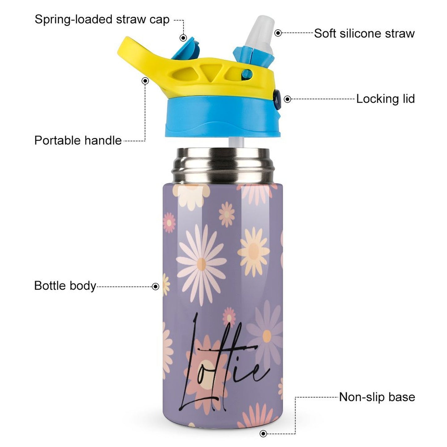 Personalised Kids Water Bottle - Purple Flower