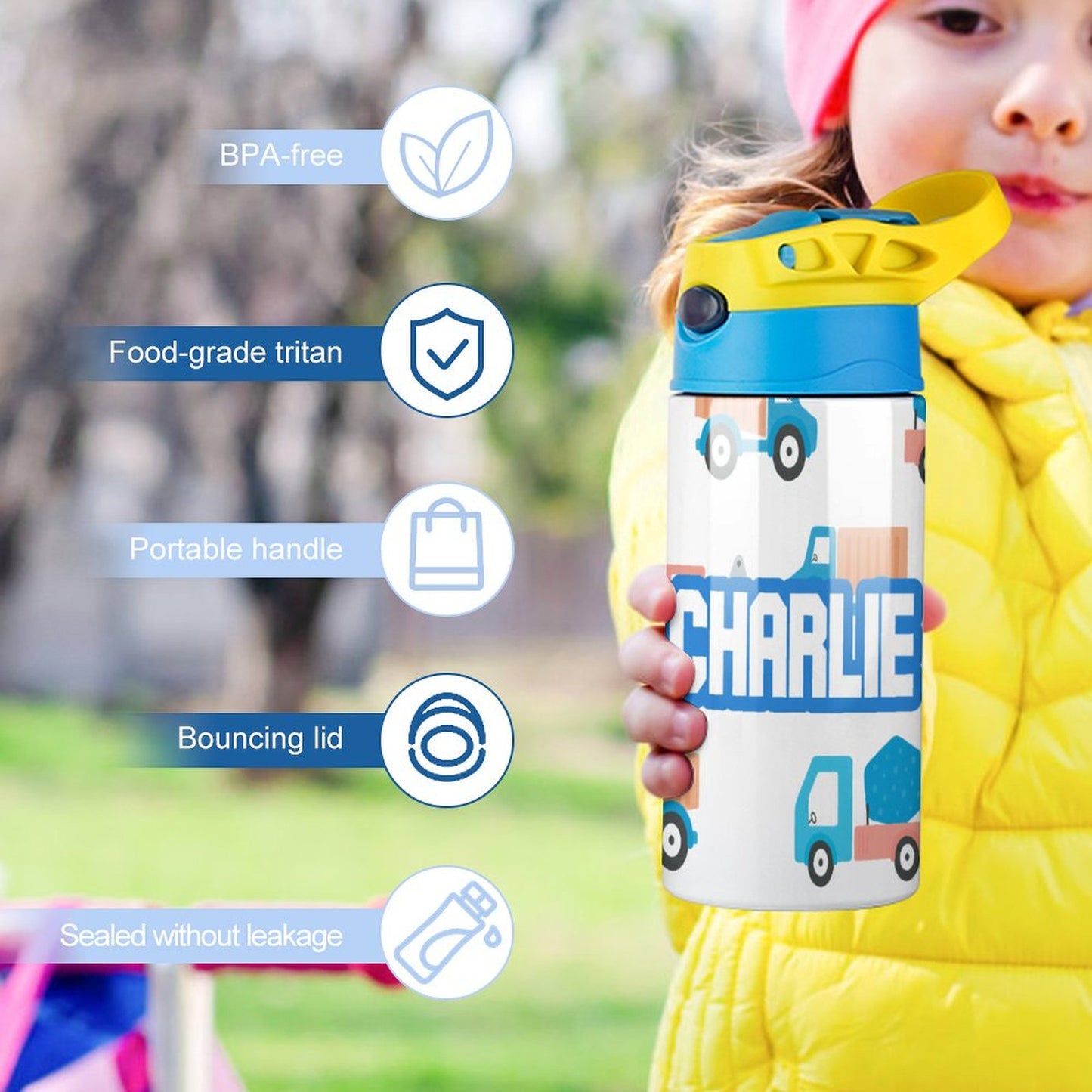 Personalised Kids Water Bottle - Trucks