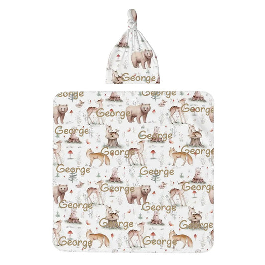 Personalised Baby Swaddle & Beanie Set - Woodlands