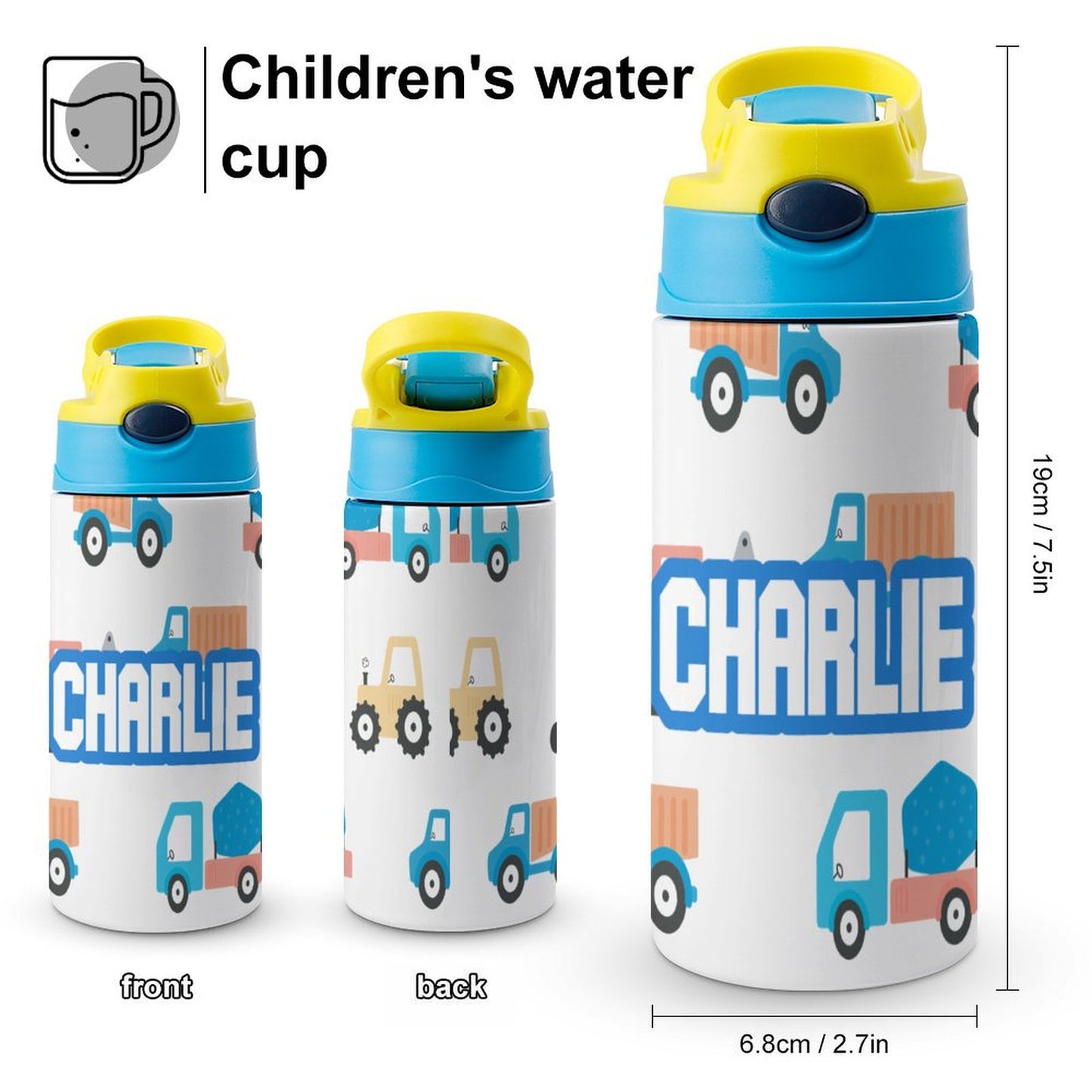 Personalised Kids Water Bottle - Trucks