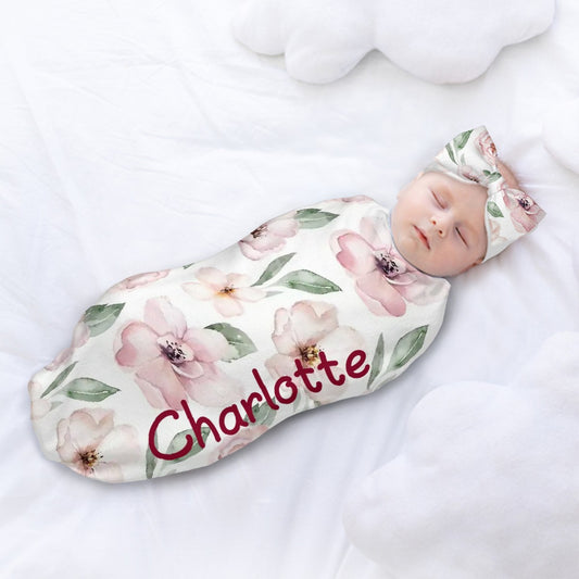 Personalised Baby Swaddle & Headband Set - Magnolia
