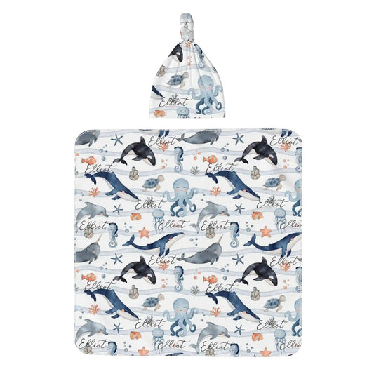 Personalised Baby Swaddle & Beanie Set - Ocean