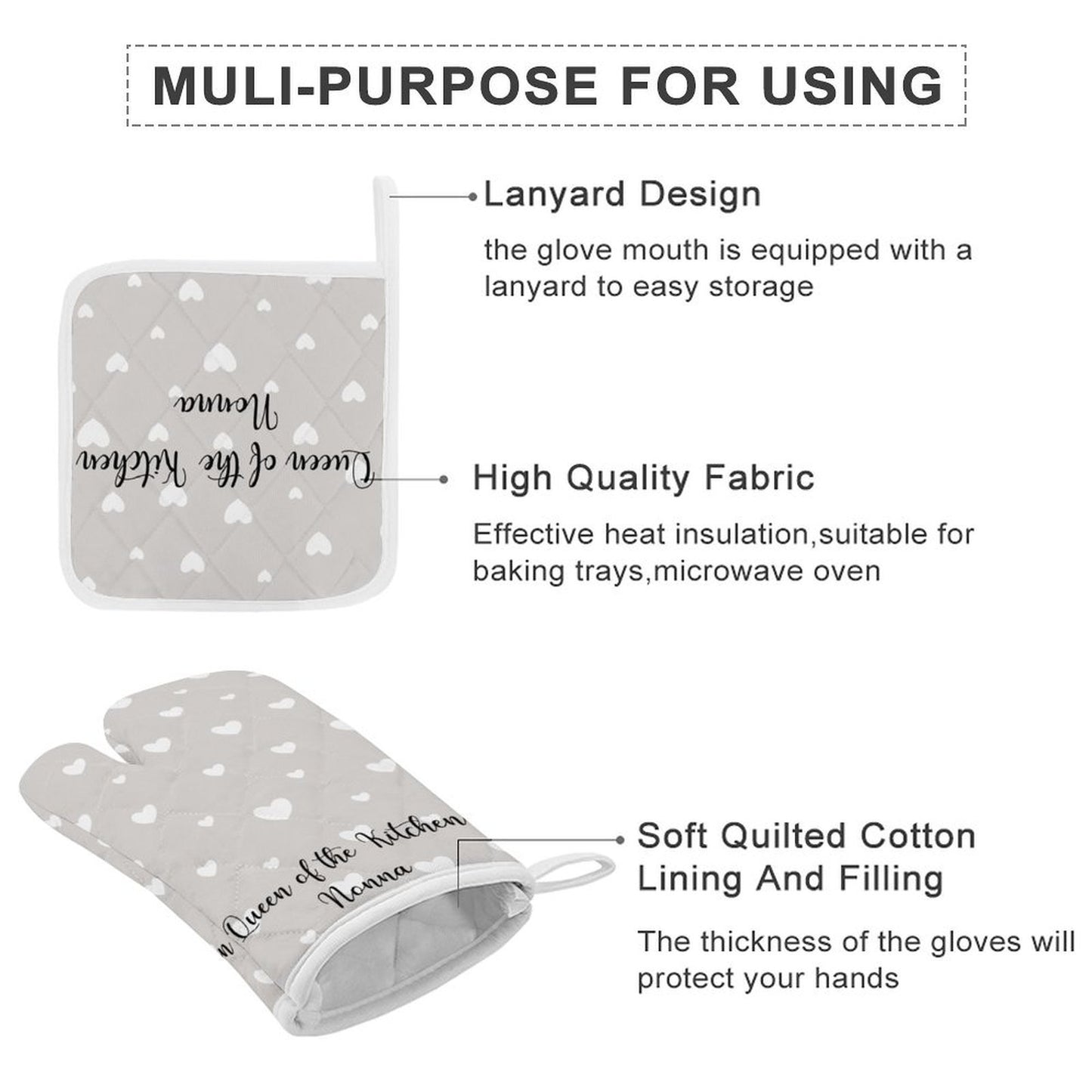 Oven Mitt & Pot Holder Set - Grey Heart