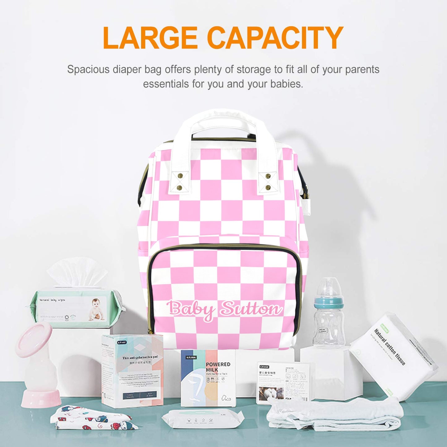 Personalised Diaper Bag - Pink Check
