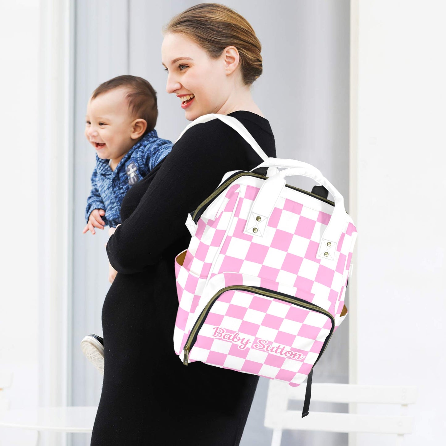 Personalised Diaper Bag - Pink Check