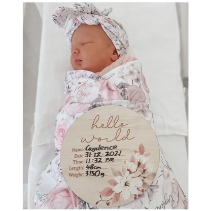 Hello World Floral Wooden Birth Disc - Timber Tinkers