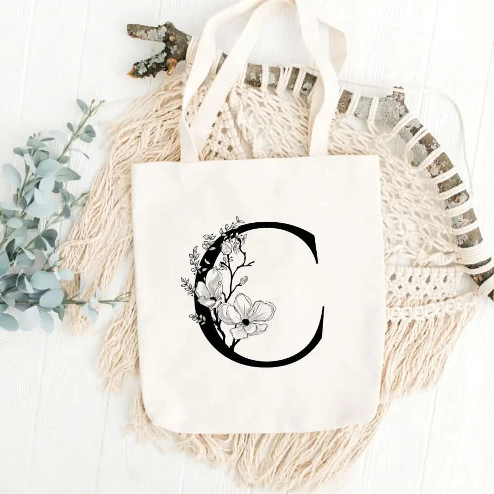 Personalised Floral Initial Tote Bag
