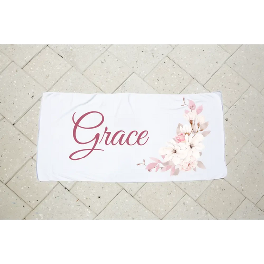 Personalised Kids Towel - Pink Floral - Timber Tinkers