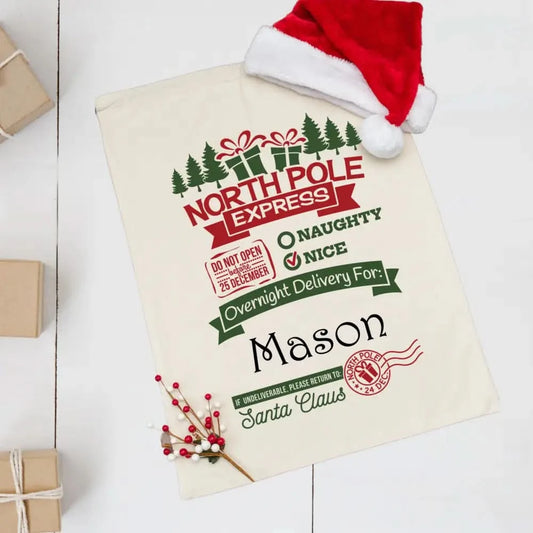Personalised Linen Santa Sack - Christmas Tree Express