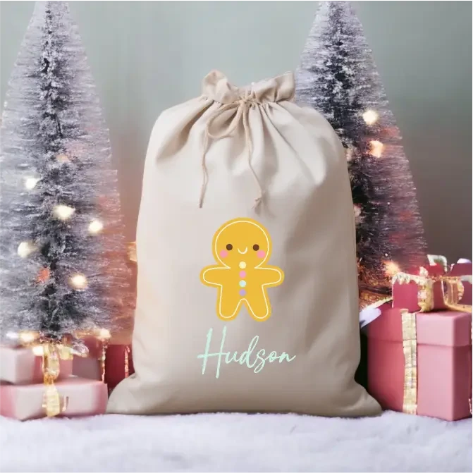Personalised Linen Santa Sack - Gingerbread Christmas