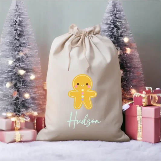 Personalised Linen Santa Sack - Gingerbread Christmas